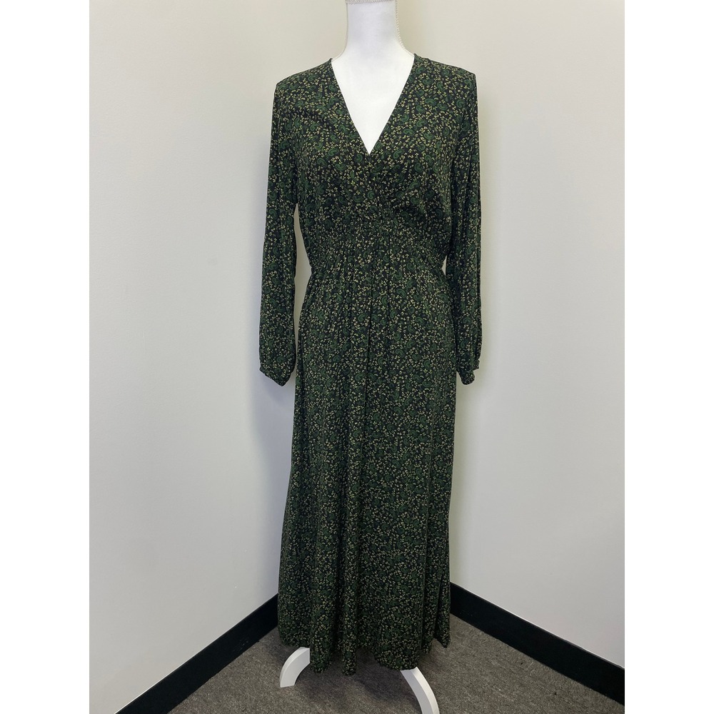 Mango MNG Womens Green Paisley Floral Smocked Waist V-Neck Maxi Dress Size 8 L